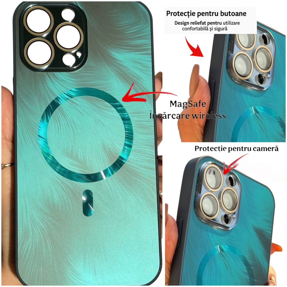 Husa de Protectie Pentru iPhone 16 Pro MagSafe, model Turcoaz, lucios cu efect 3D tip Pana, design elegant si protectie completa inclusiv Lentile impotriva socurilor si zgarieturilor