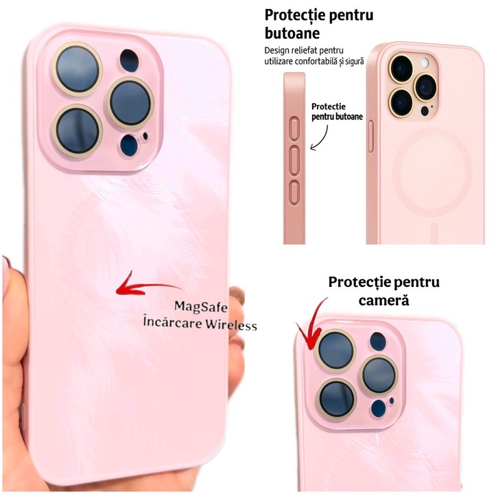 Husa de Protectie Pentru iPhone 14 ProMax MagSafe, Culoare Roz, lucios cu efect 3D tip Pana, design elegant si protectie completa inclusiv Lentile impotriva socurilor si zgarieturilor