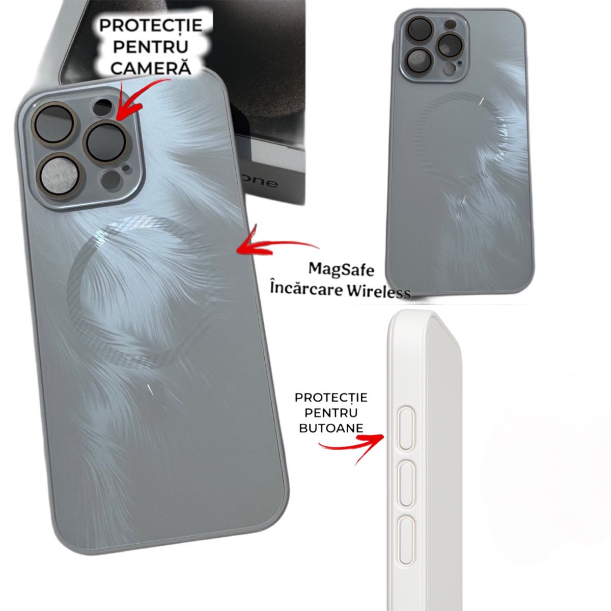 Husa de Protectie Pentru iPhone 12 Pro MagSafe, Culoare Silver, lucios cu efect 3D tip Pana, design elegant si protectie completa inclusiv Lentile impotriva socurilor si zgarieturilor