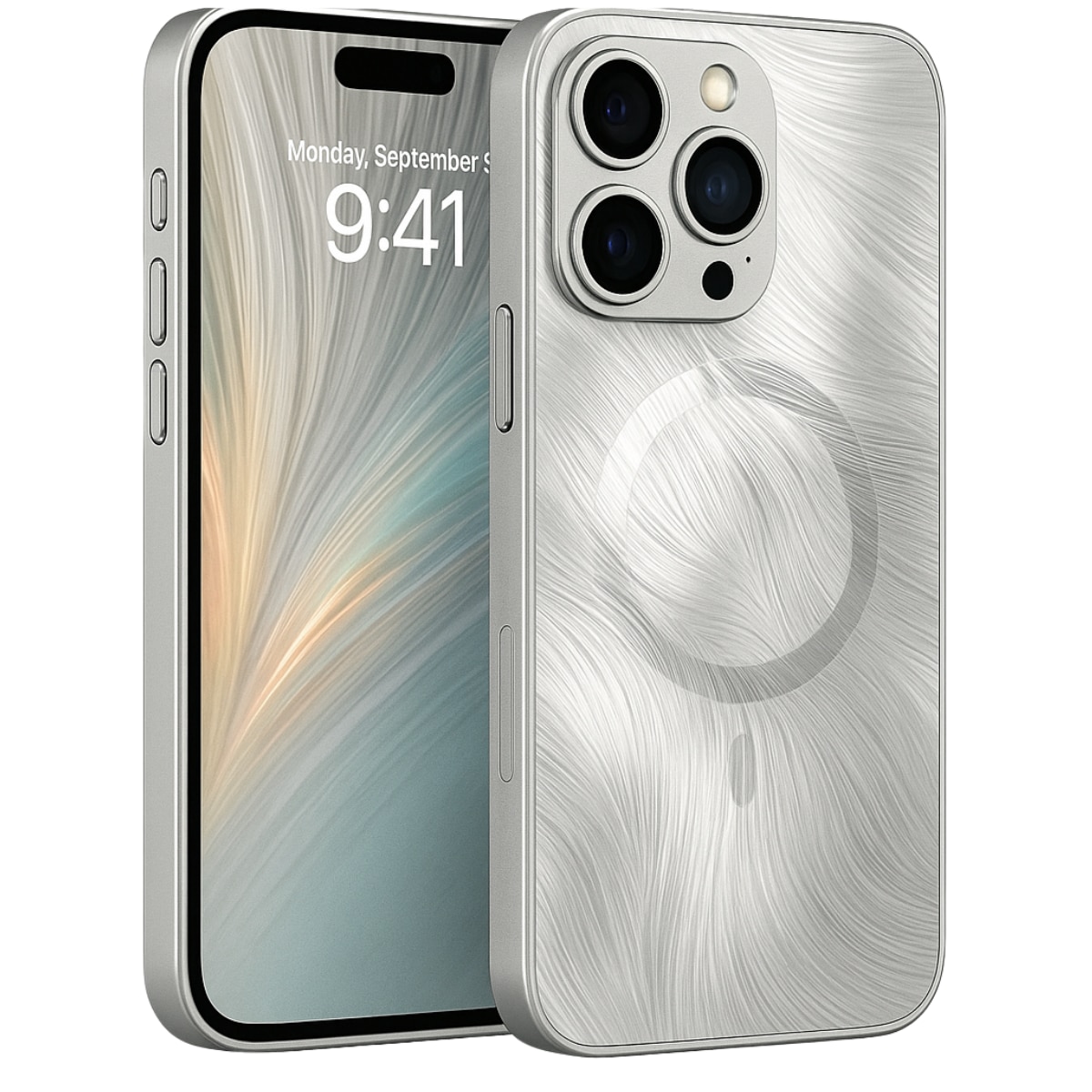 Husa de Protectie Pentru iPhone 12 Pro MagSafe, Culoare Silver, lucios cu efect 3D tip Pana, design elegant si protectie completa inclusiv Lentile impotriva socurilor si zgarieturilor