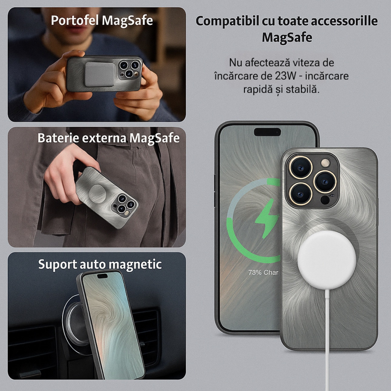 Husa de Protectie Pentru iPhone 12 Pro MagSafe, Culoare Silver, lucios cu efect 3D tip Pana, design elegant si protectie completa inclusiv Lentile impotriva socurilor si zgarieturilor