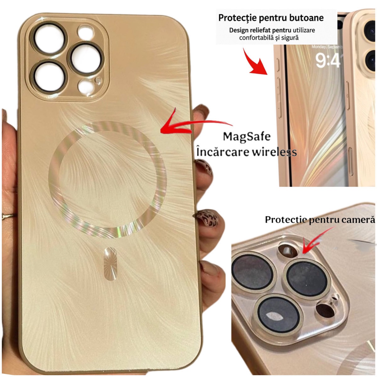 Husa de Protectie Pentru iPhone 13 ProMax MagSafe, Culoare Gold Lucios cu efect 3D tip Pana, design elegant si protectie completa inclusiv Lentile impotriva socurilor si zgarieturilor