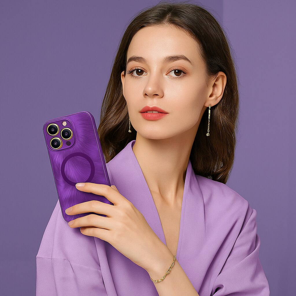 Husa de Protectie Pentru iPhone 13 ProMax MagSafe, Culoare Mov, lucios cu efect 3D tip Pana, design elegant si protectie completa inclusiv Lentile impotriva socurilor si zgarieturilor