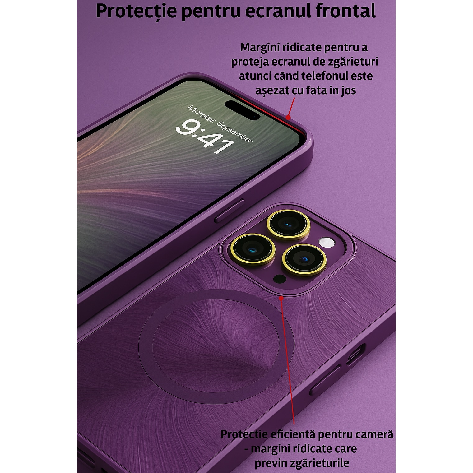 Husa de Protectie Pentru iPhone 13 ProMax MagSafe, Culoare Mov, lucios cu efect 3D tip Pana, design elegant si protectie completa inclusiv Lentile impotriva socurilor si zgarieturilor