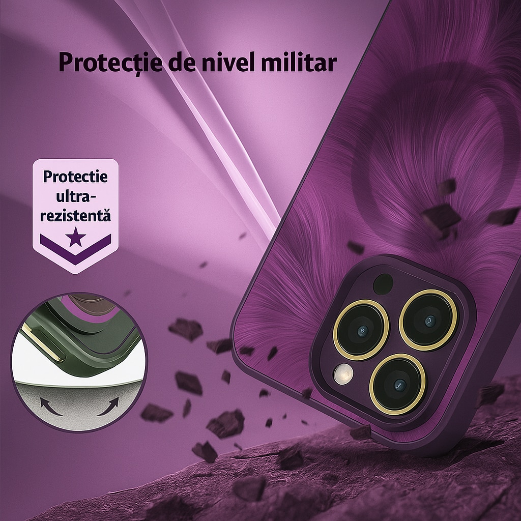 Husa de Protectie Pentru iPhone 13 ProMax MagSafe, Culoare Mov, lucios cu efect 3D tip Pana, design elegant si protectie completa inclusiv Lentile impotriva socurilor si zgarieturilor