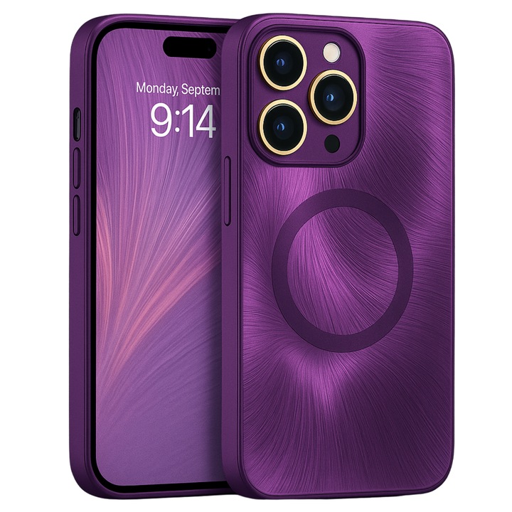 Защитен калъф за iPhone 15 Pro MagSafe, лилав цвят, лъскав с 3D ефект на пера, елегантен дизайн и пълна защита, включително лещи срещу удари и надраскване.