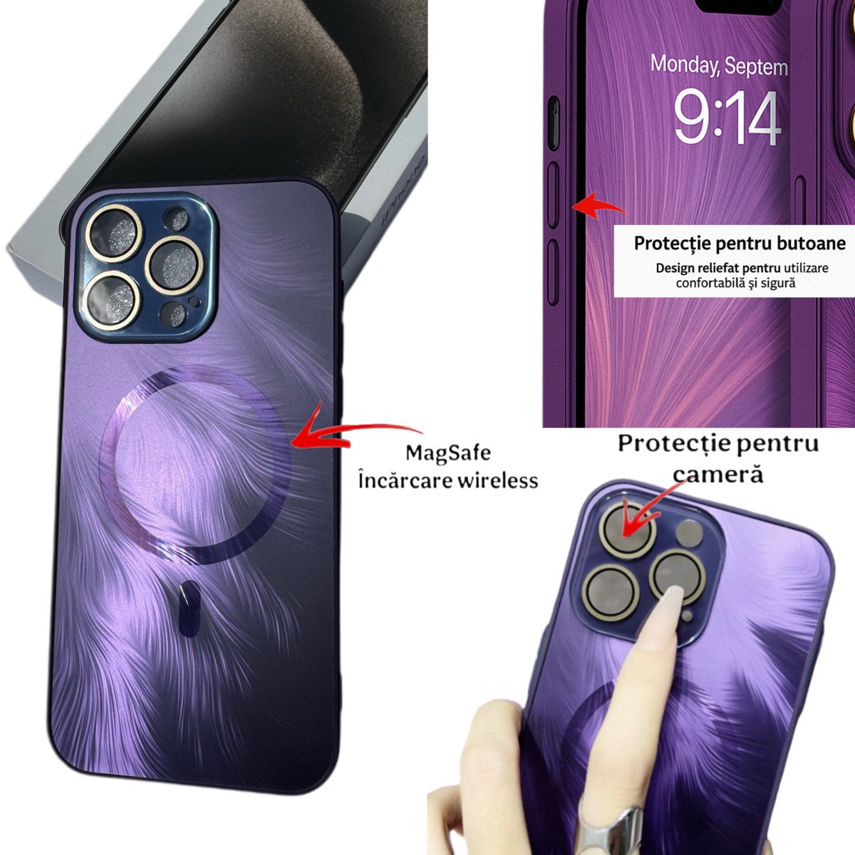 Husa de Protectie Pentru iPhone 13 ProMax MagSafe, Culoare Mov, lucios cu efect 3D tip Pana, design elegant si protectie completa inclusiv Lentile impotriva socurilor si zgarieturilor