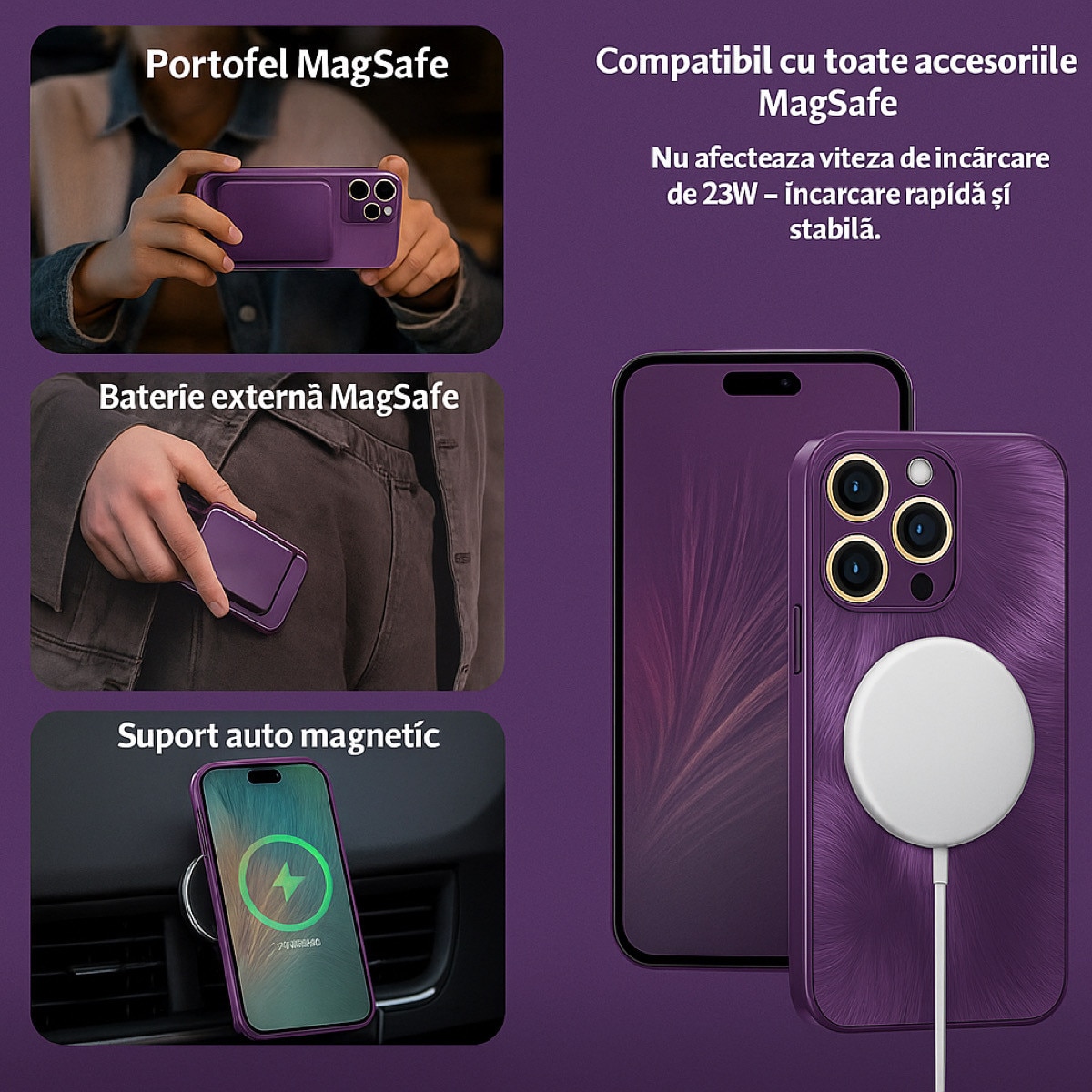 Husa de Protectie Pentru iPhone 13 ProMax MagSafe, Culoare Mov, lucios cu efect 3D tip Pana, design elegant si protectie completa inclusiv Lentile impotriva socurilor si zgarieturilor