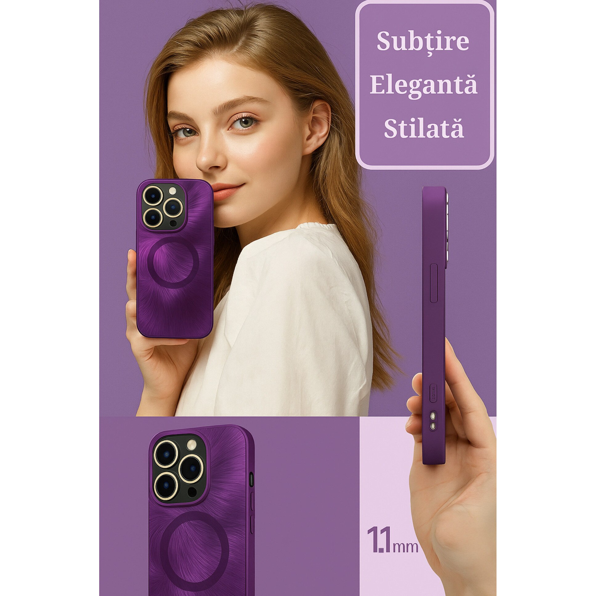 Husa de Protectie Pentru iPhone 13 ProMax MagSafe, Culoare Mov, lucios cu efect 3D tip Pana, design elegant si protectie completa inclusiv Lentile impotriva socurilor si zgarieturilor