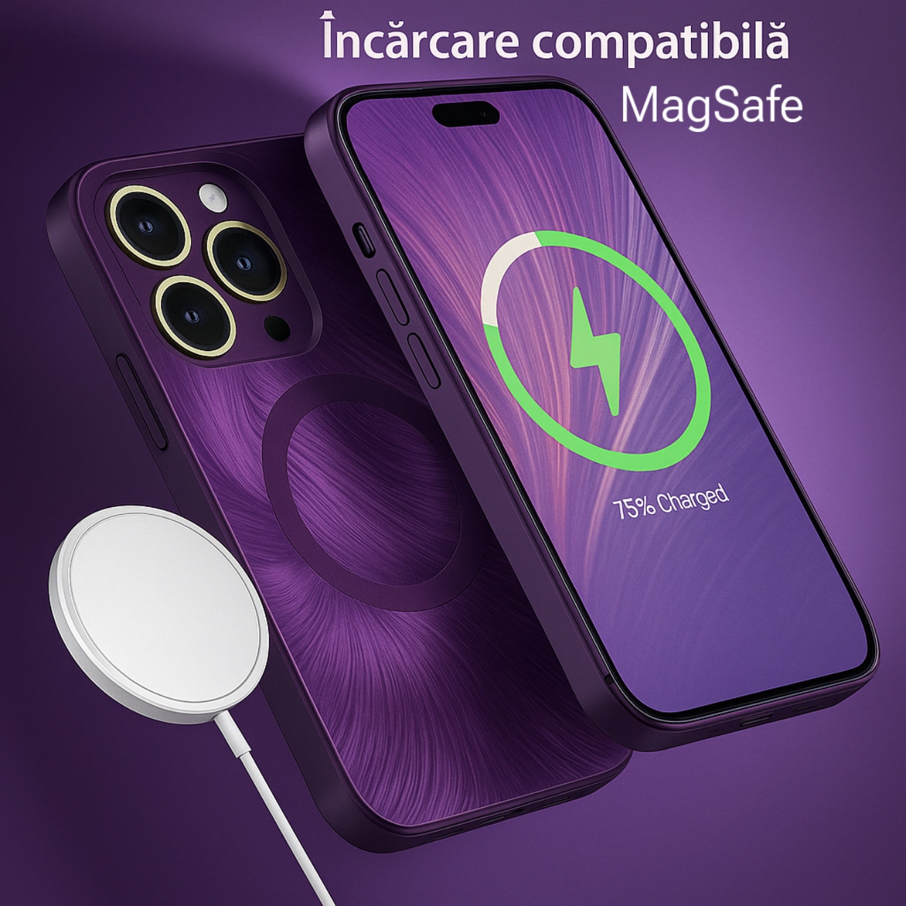 Husa de Protectie Pentru iPhone 13 ProMax MagSafe, Culoare Mov, lucios cu efect 3D tip Pana, design elegant si protectie completa inclusiv Lentile impotriva socurilor si zgarieturilor