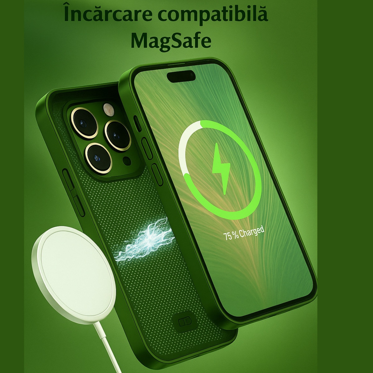 Husa de Protectie Pentru iPhone 13 ProMax MagSafe, Culoare Verde, lucios cu efect 3D tip Pana, design elegant si protectie completa inclusiv Lentile impotriva socurilor si zgarieturilor