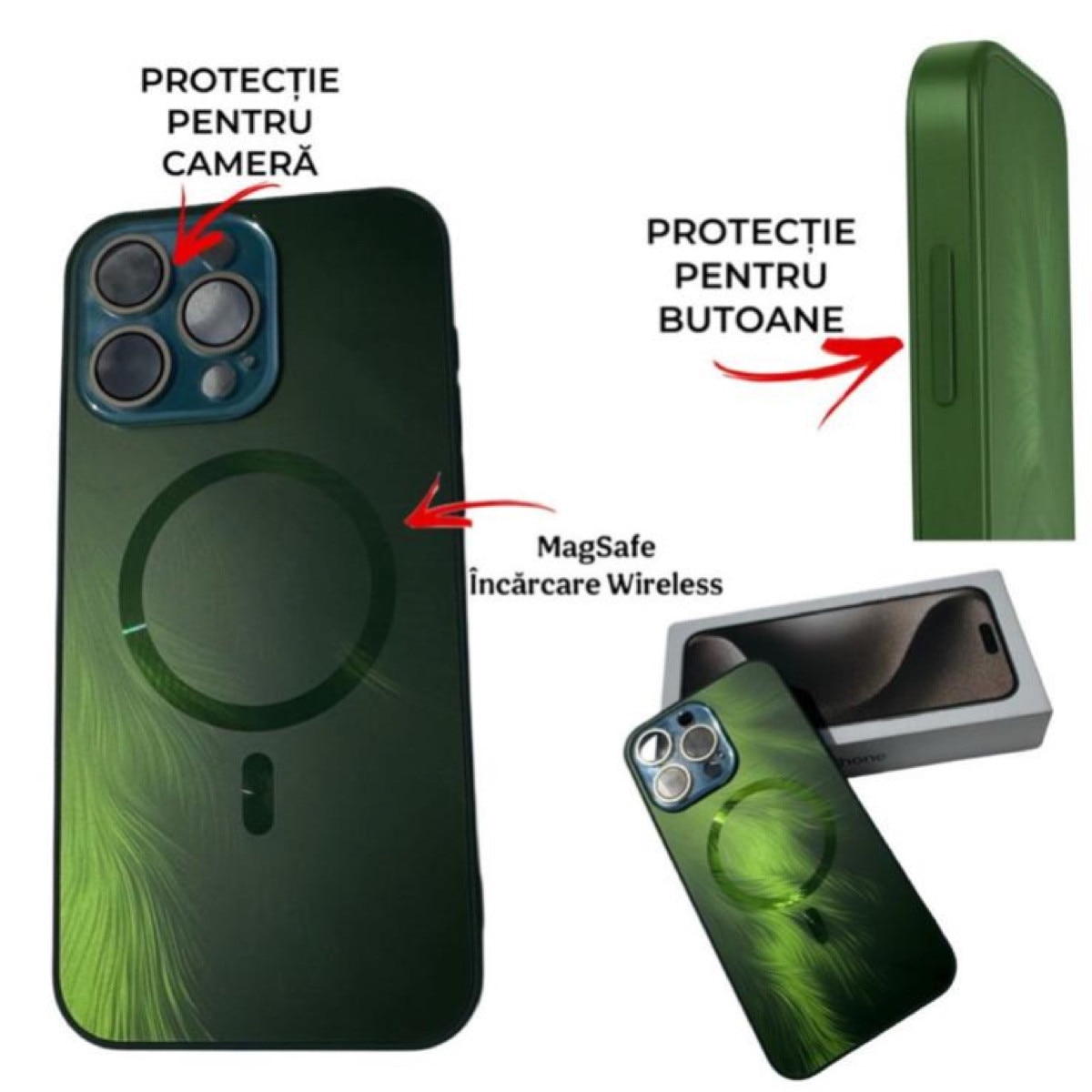 Husa de Protectie Pentru iPhone 13 ProMax MagSafe, Culoare Verde, lucios cu efect 3D tip Pana, design elegant si protectie completa inclusiv Lentile impotriva socurilor si zgarieturilor