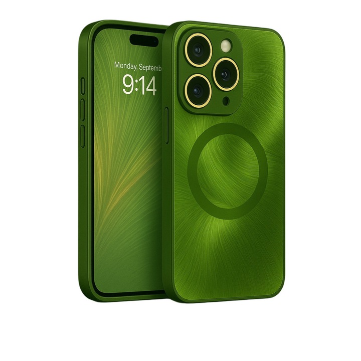 Защитен калъф за iPhone 15 Pro MagSafe, зелен цвят, лъскав с 3D ефект на пера, елегантен дизайн и пълна защита, включително лещи срещу удари и надраскване.