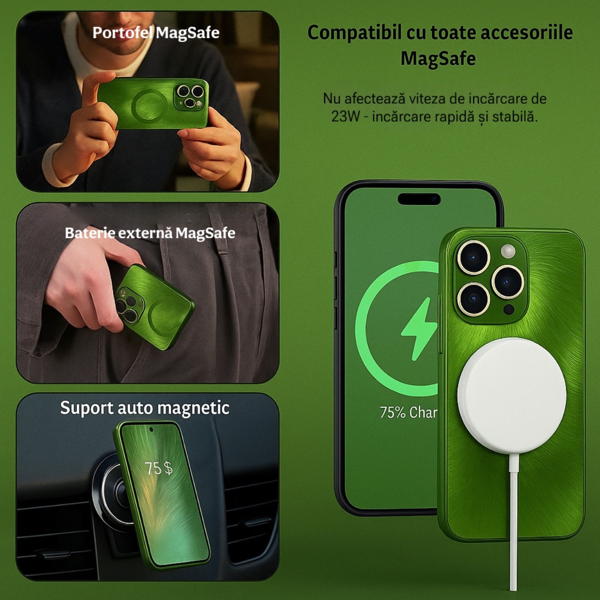 Husa de Protectie Pentru iPhone 13 ProMax MagSafe, Culoare Verde, lucios cu efect 3D tip Pana, design elegant si protectie completa inclusiv Lentile impotriva socurilor si zgarieturilor