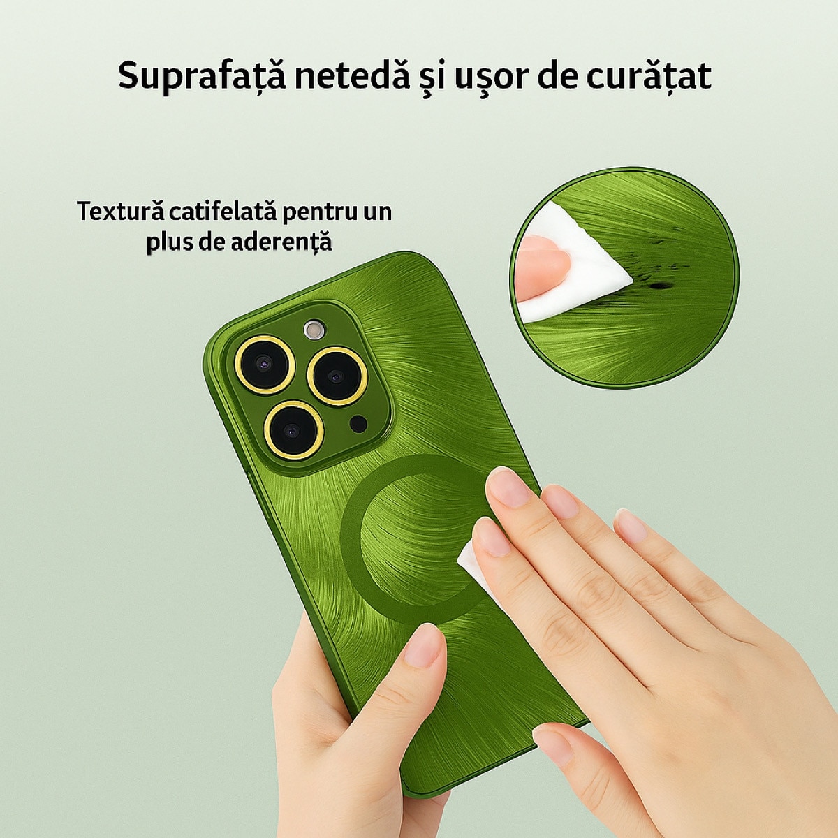 Husa de Protectie Pentru iPhone 13 ProMax MagSafe, Culoare Verde, lucios cu efect 3D tip Pana, design elegant si protectie completa inclusiv Lentile impotriva socurilor si zgarieturilor