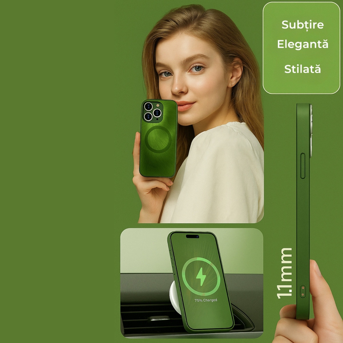 Husa de Protectie Pentru iPhone 13 ProMax MagSafe, Culoare Verde, lucios cu efect 3D tip Pana, design elegant si protectie completa inclusiv Lentile impotriva socurilor si zgarieturilor