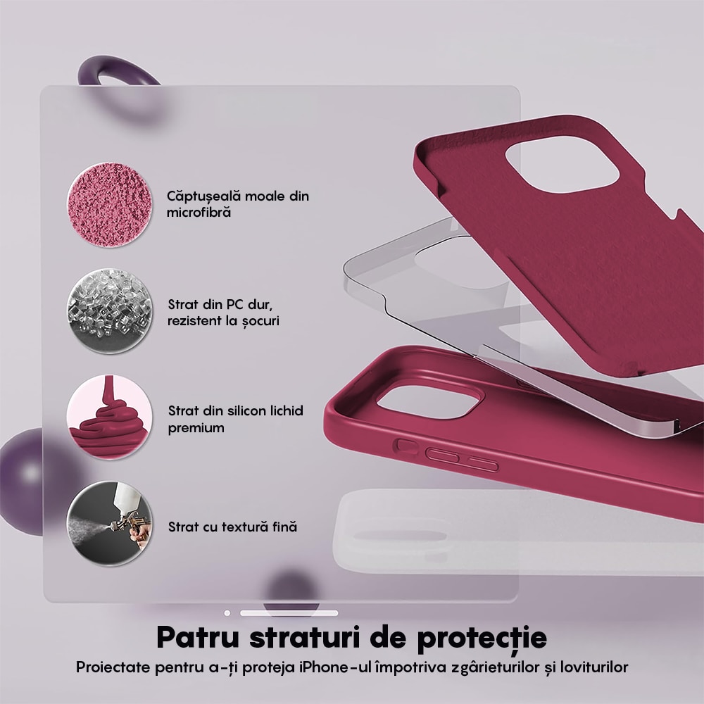 Husa CASEY STUDIOS™ compatibila cu iPhone 14, Soft Silicone Premium, Microfibra in Interior, Burgundy, de Protectie, pentru Incarcare Wireless, Margini Ridicate de Protectia Ecranului si a Camerelor