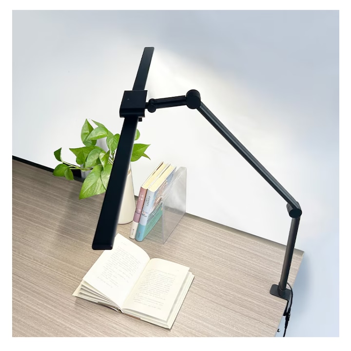 Lampa LED de birou cu clema si doua capete, Charmorah, Putere 24W, USB, Protectie pentru ochi, Material PC, Negru