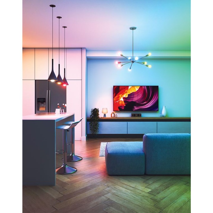 Set 2 becuri Smart LED RGBCW Matter Wi-Fi A19, lumina alba/colorata, E27, 8.5W, Peste 16M culori, control vocal, WiFi