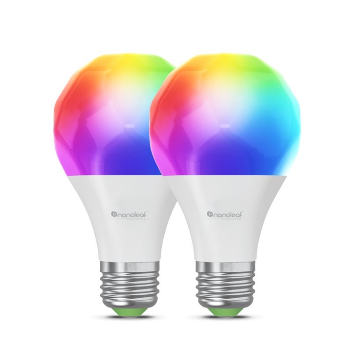 Set 2 becuri Smart LED RGBCW Matter Wi-Fi A19, lumina alba/colorata, E27, 8.5W, Peste 16M culori, control vocal, WiFi
