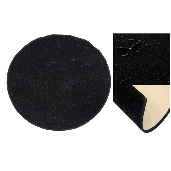 Covor, Rotund, 200 x 200 cm, Camera de zi, Clasic, Fire scurte, Polipropilena, Compatibil cu incalzire prin pardoseala, Negru