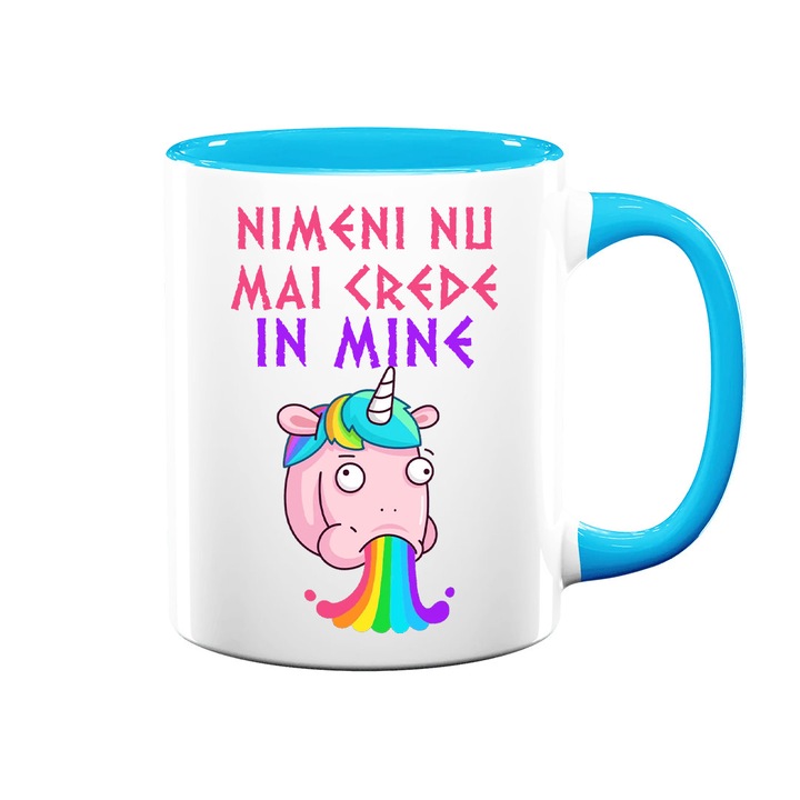 Cana personalizata cu mesaj:"nimeni nu mai crede in mine", Betaprint, alba cu interior albastru, 330ml