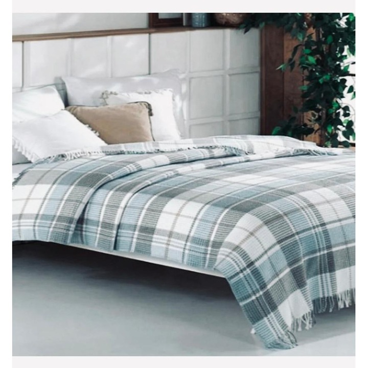 Patura Cozy cu textura dubla, 65 % Bumbac 35 % Acril, in Carouri, 180 x 220 cm, Alb Gri Bej Verde deschis / Mint