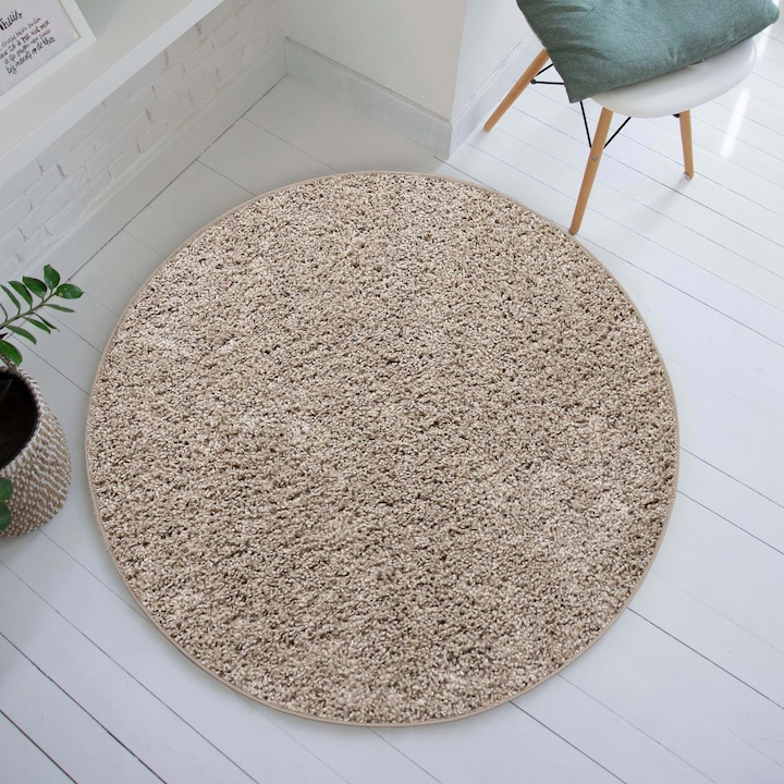 Covor, Rotund, 200 x 200 cm, Camera de zi, Clasic, Par lung, Polipropilena, Compatibil cu incalzire prin pardoseala, Potrivit Pentru Dormitor, Living, Camera Copiilor, Hol, Bej