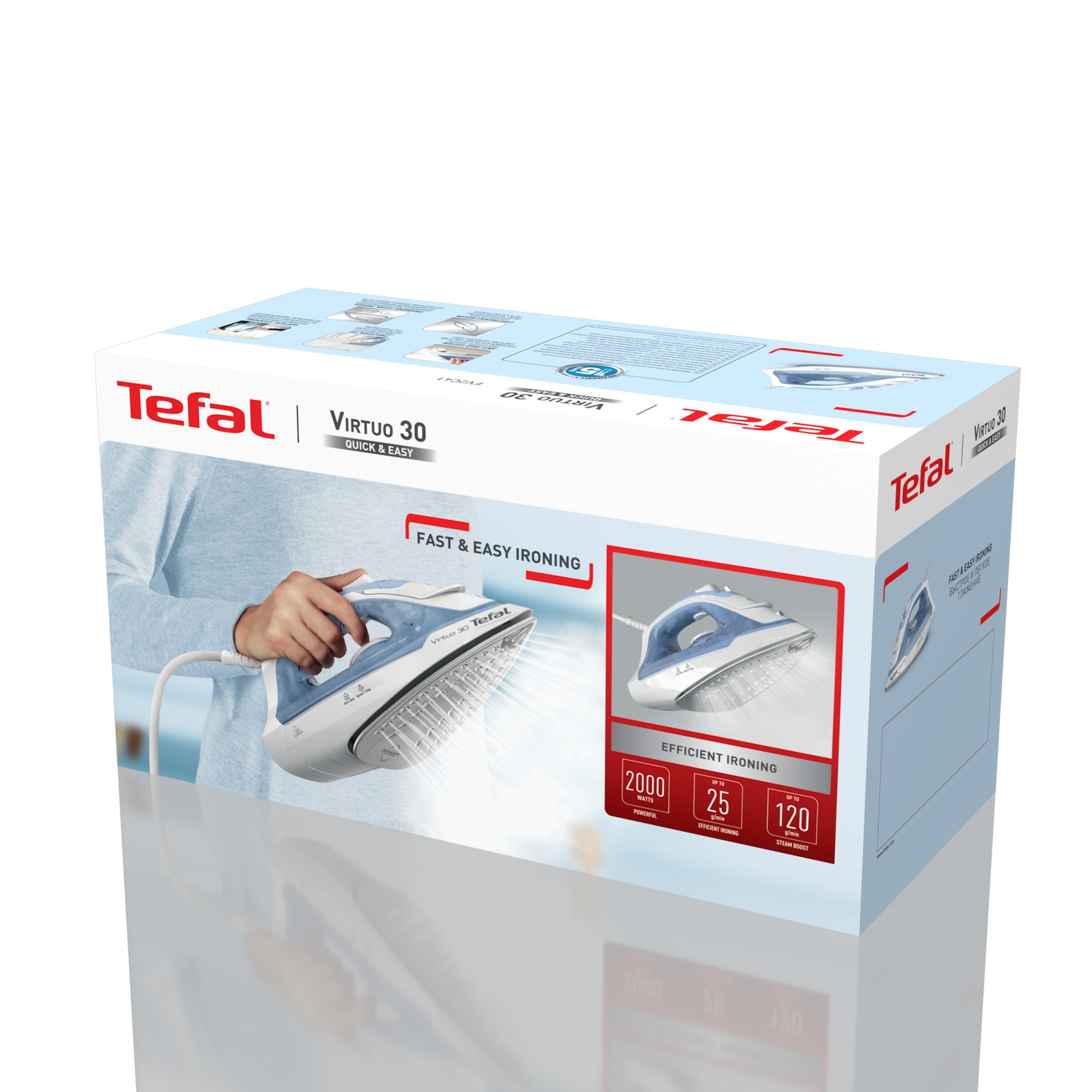 Fier de calcat cu abur, Tefal FV2C41 VIRTUO30, 2000 W, capacitate 240 ml, alb/albastru