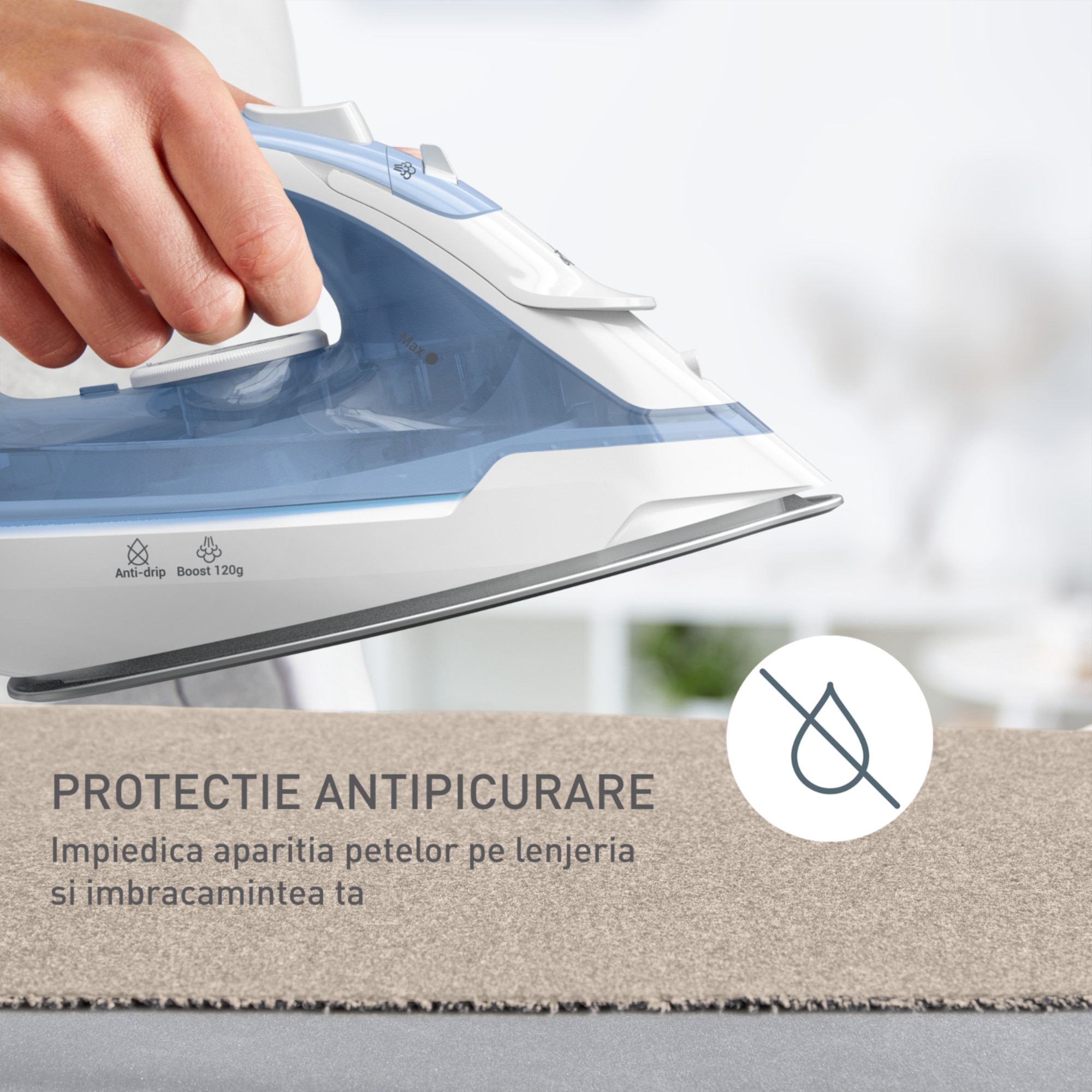 Fier de calcat cu abur, Tefal FV2C41 VIRTUO30, 2000 W, capacitate 240 ml, alb/albastru