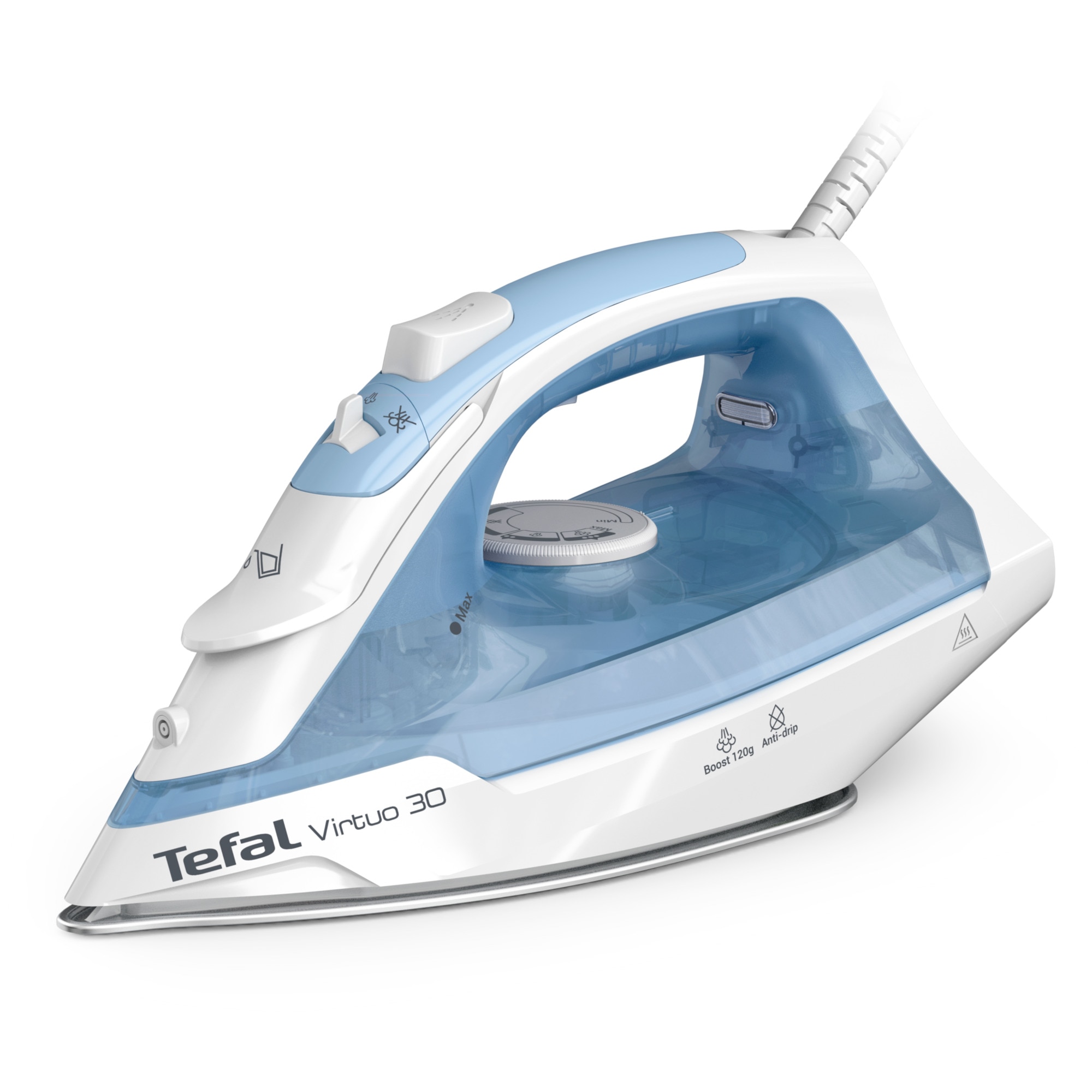 Fier de calcat cu abur, Tefal FV2C41 VIRTUO30, 2000 W, capacitate 240 ml, alb/albastru