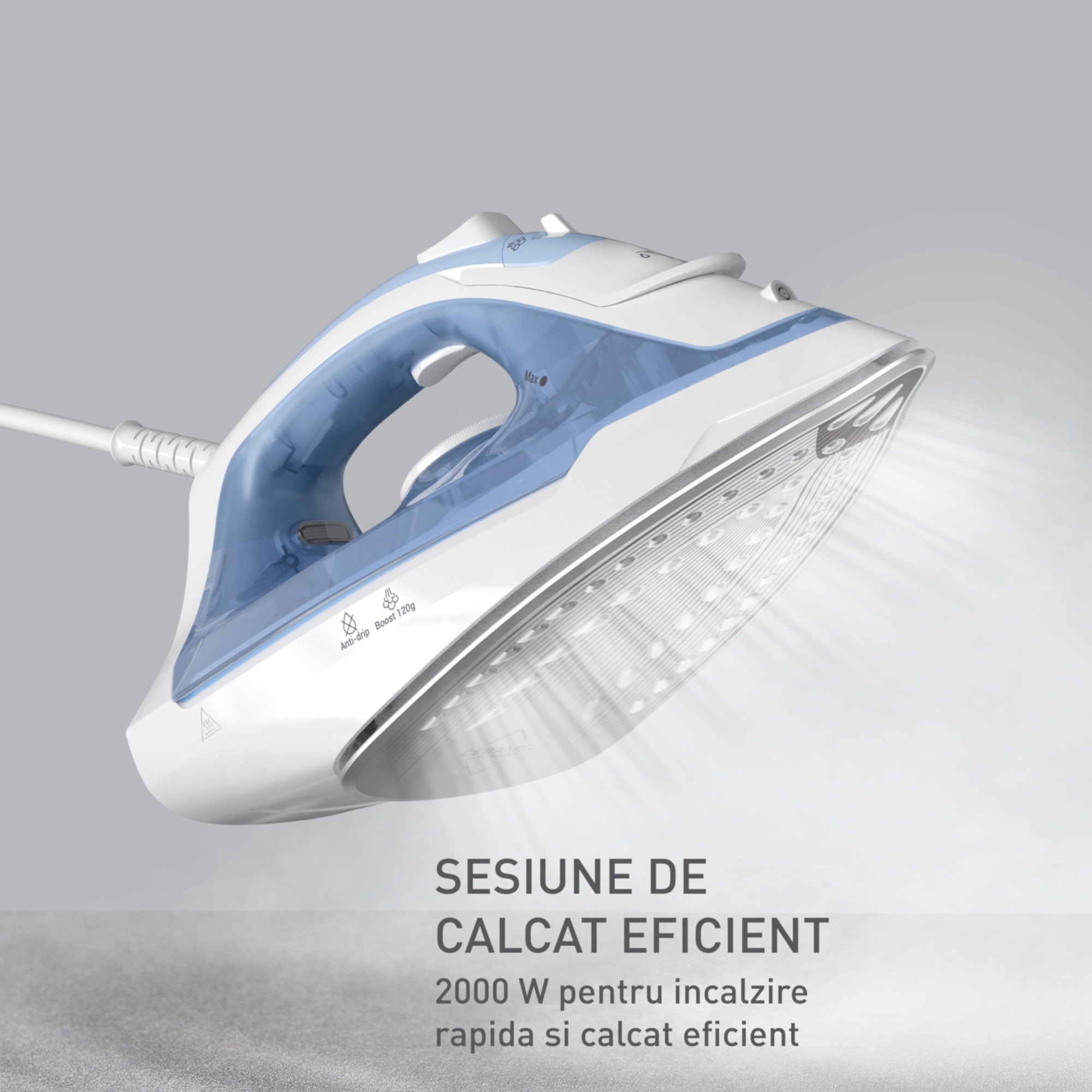 Fier de calcat cu abur, Tefal FV2C41 VIRTUO30, 2000 W, capacitate 240 ml, alb/albastru