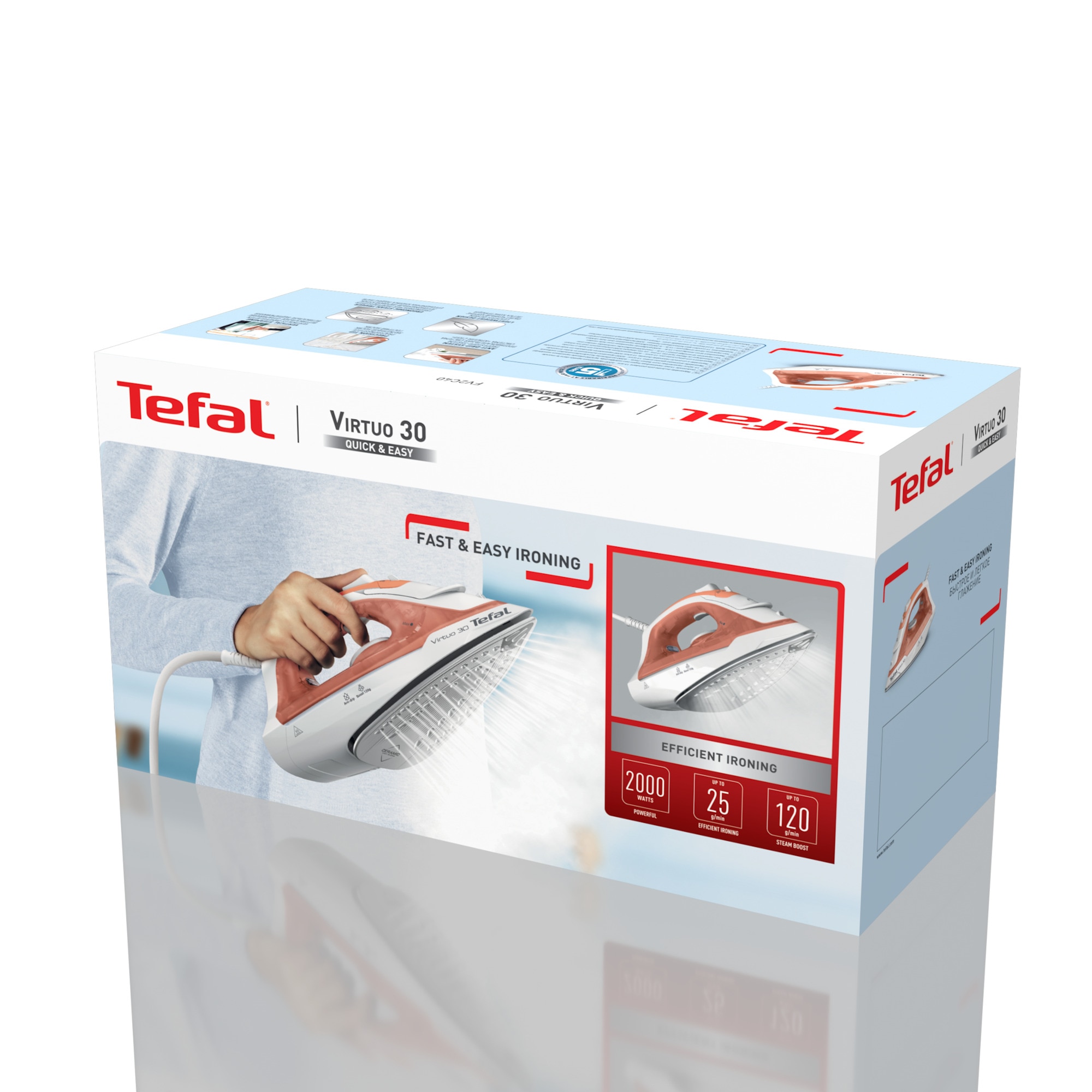 Fier de calcat cu abur Tefal Virtuo FV2C40E0, 2000 W, abur variabil 27 g/min, jet de abur 120 g/min, 0.24 l, talpa ceramica, calcare verticala, sistem antipicurare, alb & portocaliu