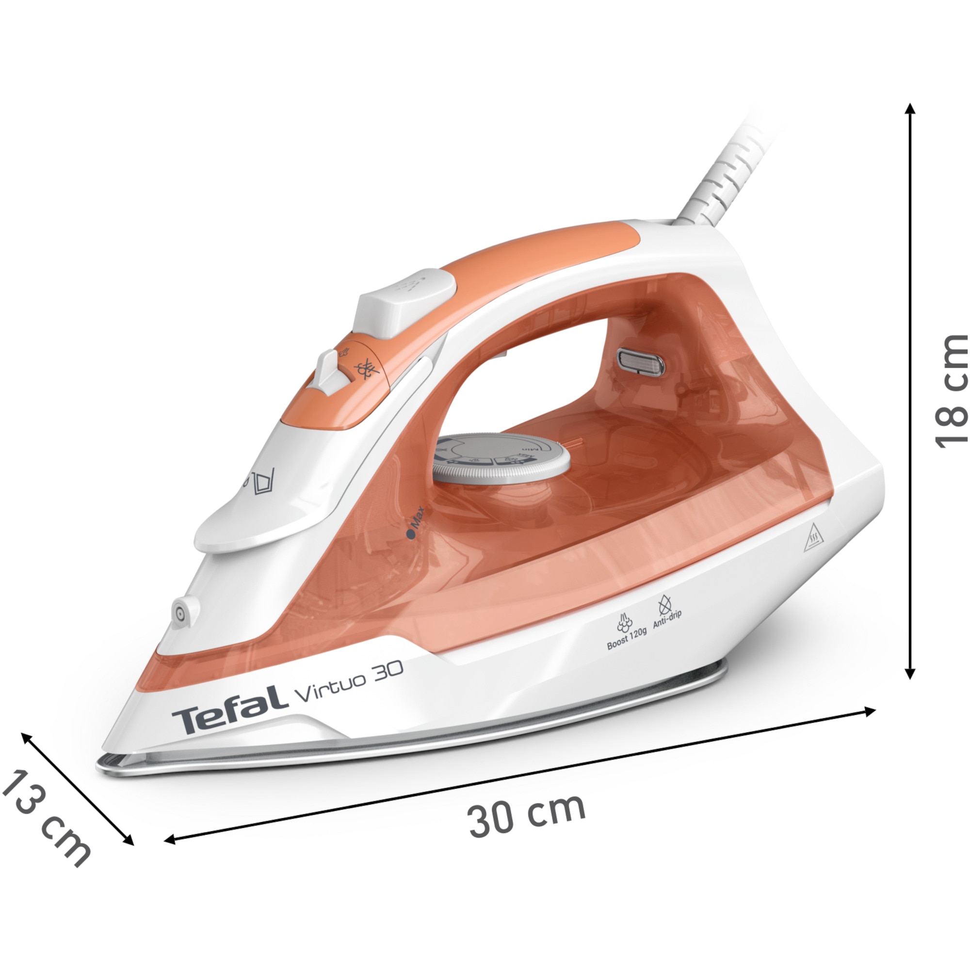 Fier de calcat cu abur Tefal Virtuo FV2C40E0, 2000 W, abur variabil 27 g/min, jet de abur 120 g/min, 0.24 l, talpa ceramica, calcare verticala, sistem antipicurare, alb & portocaliu
