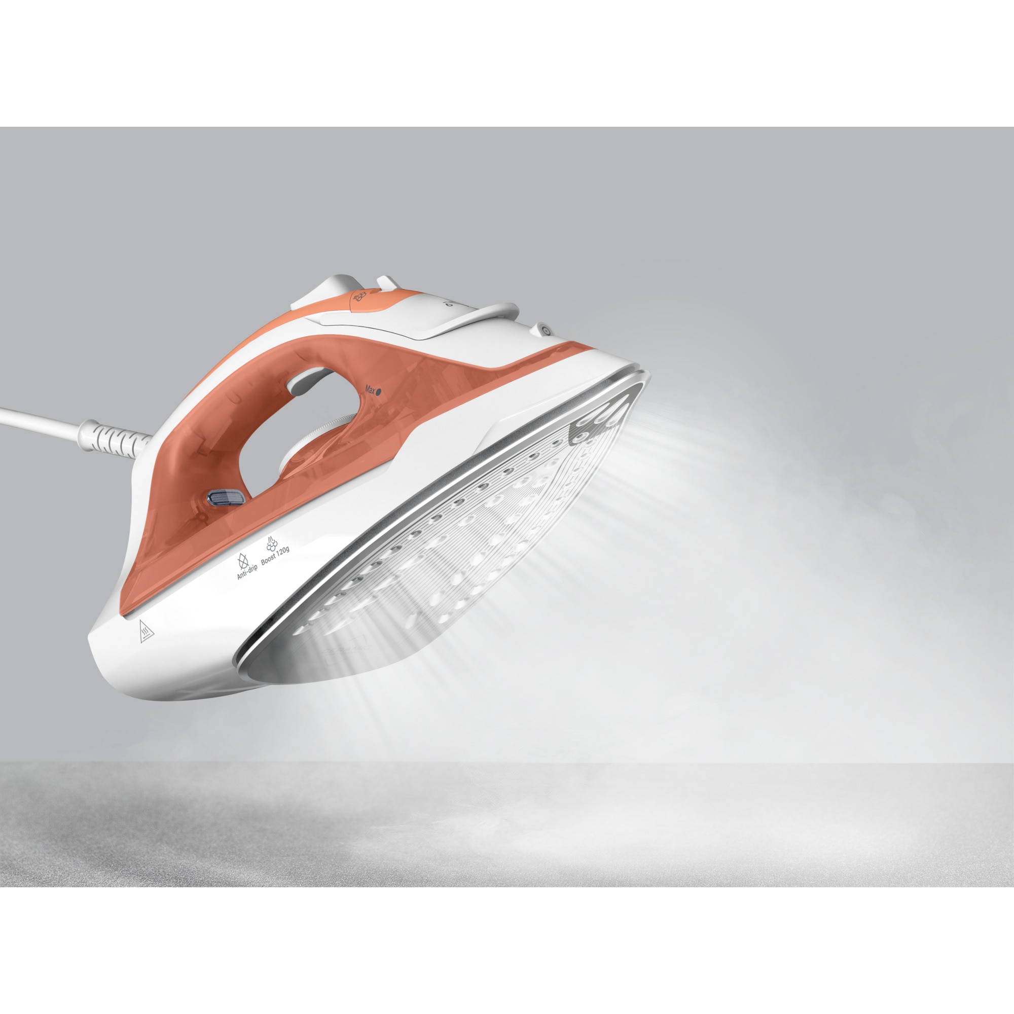 Fier de calcat cu abur Tefal Virtuo FV2C40E0, 2000 W, abur variabil 27 g/min, jet de abur 120 g/min, 0.24 l, talpa ceramica, calcare verticala, sistem antipicurare, alb & portocaliu