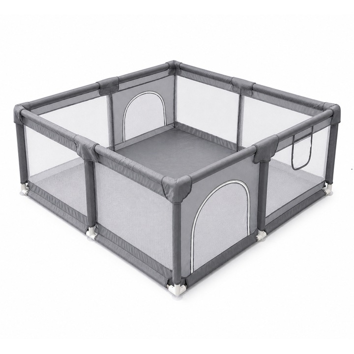 Tarc de joaca pentru bebelusi Promerco®, 120x120 cm, colturi protejate, design robust din plasa elastica si moale