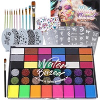 Set profesional Giftry®, pictura pe fata si corp, copii si adulti, 42 culori, 10 pensule, sabloane, sticker, vopsea pe baza de apa, non-toxic, 3 ani +