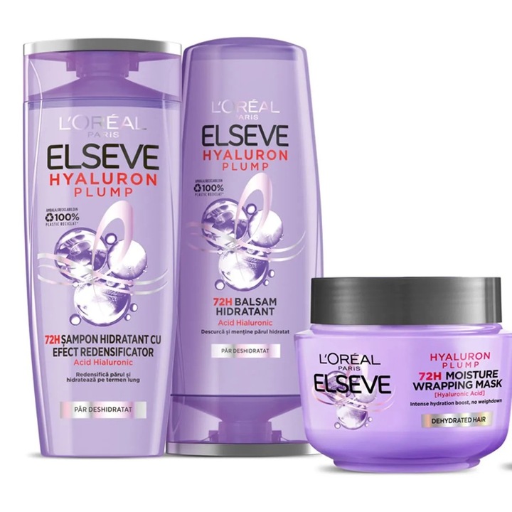 Pachet Sampon Elseve 400 ml si Balsam par 200 ml Masca intens hidratanta L'Oreal Paris Elseve Hyaluron Plump pentru par deshidratat, 300 ml
