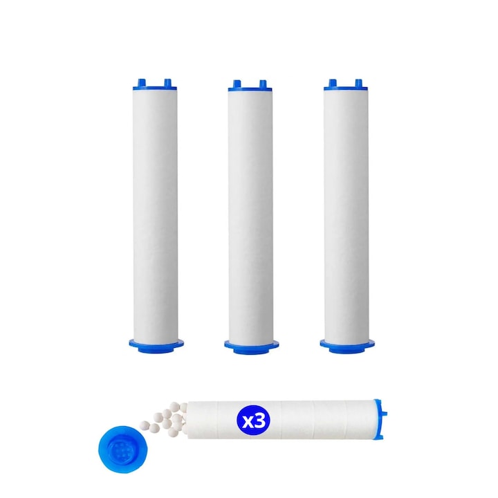 Set 3 filtre de bumbac INNOVIO® cu bile din sulfit de calciu pentru cap de dus, Filtru rugina, clor, metale grele, impuritati, Apa mai curata
