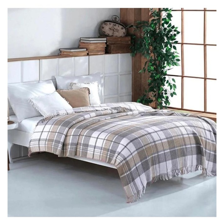 Patura Cozy cu textura dubla, TEKSTIL, 65 % Bumbac 35 % Acril, in Carouri, 180 x 220 cm, Alb Gri Bej