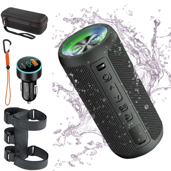 Преносим високоговорител ECOTEMPUS® X10PRO 24 W, Bluetooth 5.3, акумулаторна батерия 4600 mAh, водоустойчивост IPX6, Micro SD, AUX, EQ, RGB светлини, чанта за носене, стойка за велосипед, зарядно за кола