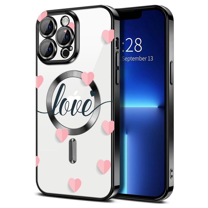 BestCase® Luxury MagSafe tok, Kompatibilis Apple iPhone 14 Pro Max, Piros szívecskék – romantikus design Love szöveggel, Ultra-Soft, Fém szegélyek, 1946099 MC Black 85
