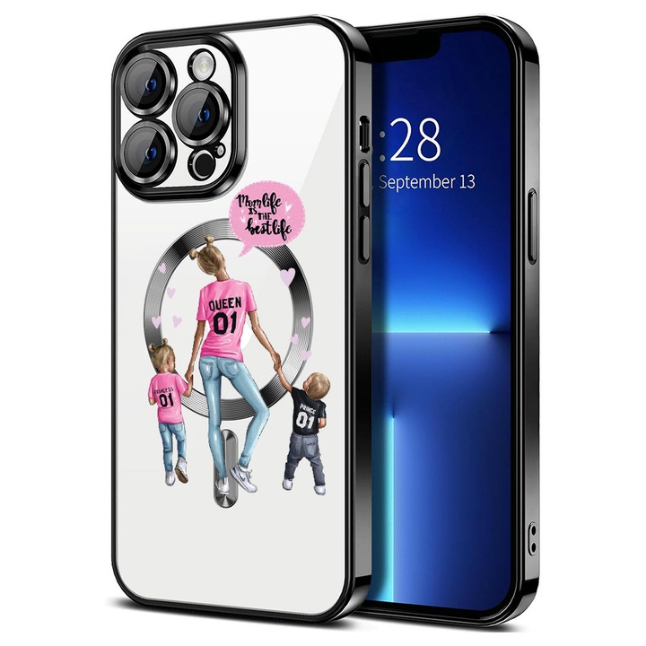 Husa BestCase® Luxury MagSafe, Compatibila Apple iPhone 16 Pro Max, Mama cu doi copii – Queen 01, Ultra-Soft, Margini metalizate, 1946107 MC Black 557