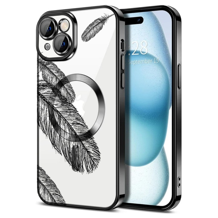 Husa BestCase® Luxury MagSafe, Compatibila Apple iPhone 15, Pene negre – design minimalist, Ultra-Soft, Margini metalizate, 1946101 MC Black 18