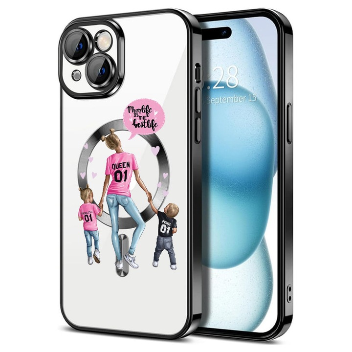 Husa BestCase® Luxury MagSafe, Compatibila Apple iPhone 15, Mama cu doi copii – Queen 01, Ultra-Soft, Margini metalizate, 1946101 MC Black 557