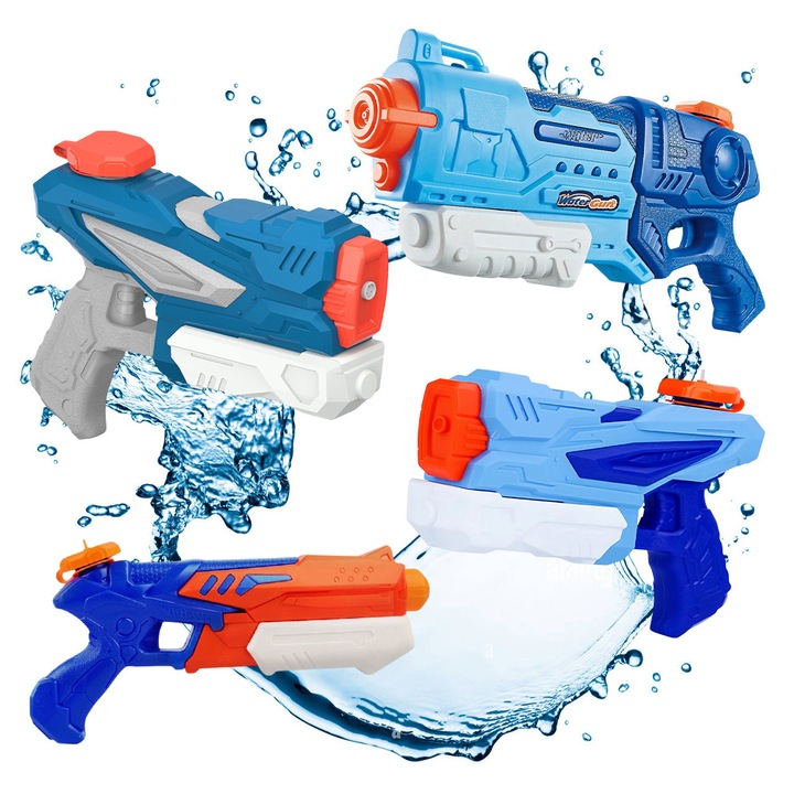 Комплект от 4 водни пистолета за деца, OPTIM SOLUTION, 6+ години, летни играчки, басейн, плаж, вместимост 1x 900 мл + 3x 300 мл, воден спрей, за охлаждане, ръчна система за изстрелване, игра на открито, лесен за употреба, XTO
