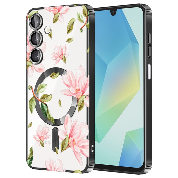 Husa BestCase® Luxury MagSafe, Compatibila Samsung Galaxy A55, Flori pastel – design floral, Ultra-Soft, Margini metalizate, 1980206 MC Black 496