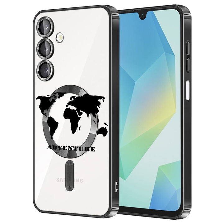 Husa BestCase® Luxury MagSafe, Compatibila Samsung Galaxy A55, Harta lumii – text Adventure, Ultra-Soft, Margini metalizate, 1980206 MC Black 734