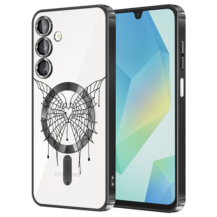 Husa BestCase® Luxury MagSafe, Compatibila Samsung Galaxy A55, Fluture paianjen – design artistic, Ultra-Soft, Margini metalizate, 1980206 MC Black 1042