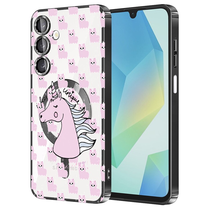 Husa BestCase® Luxury MagSafe, Compatibila Samsung Galaxy A55, Unicorn – cu mesaj I feel unique, Ultra-Soft, Margini metalizate, 1980206 MC Black 521